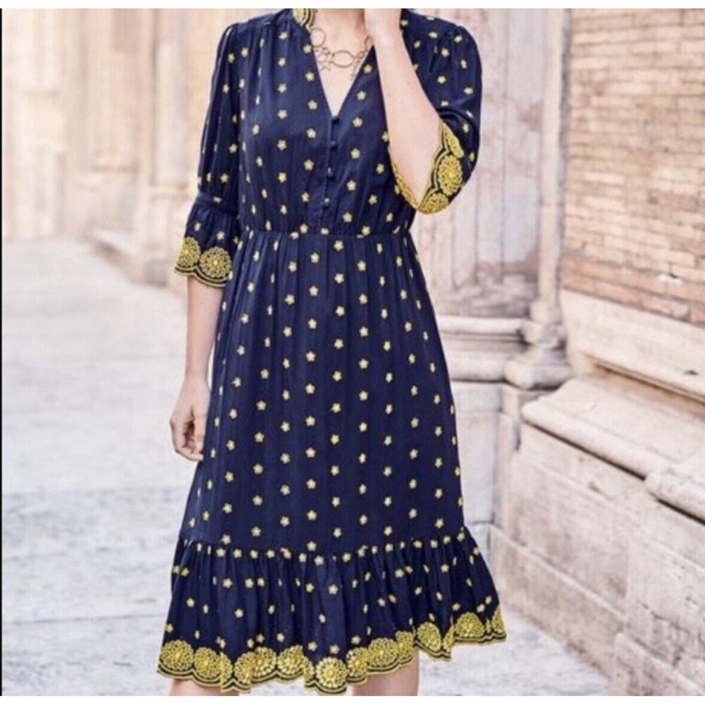 Boden Bronwen Broderie Embroidered Midi Dress in Navy and Yellow Size US 10R NWT